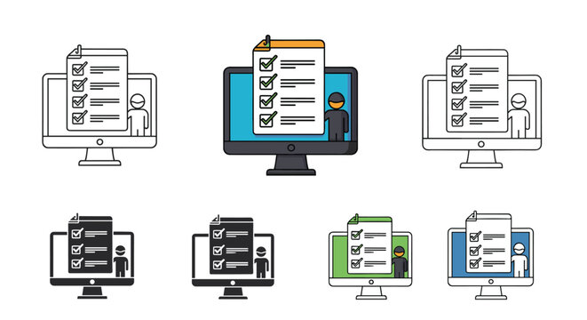 Checklist on a computer monitor shown in various artistic styles represents digital task management, online surveys, and progress tracking for users.