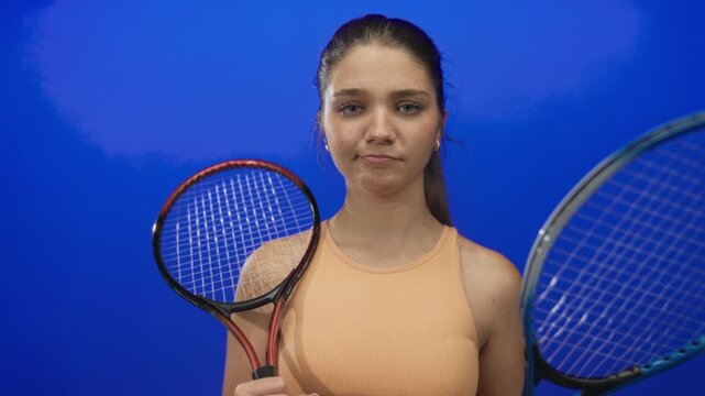 Woman holding two tennis rackets at shoulder height while wearing an orange tank top in a blue studio; determination focus resilience dedication.