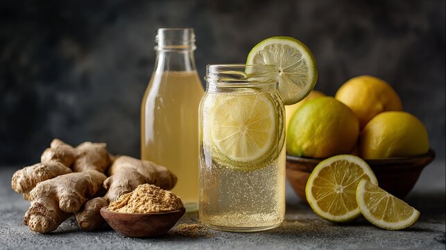 A refreshing glass of lemonade with ginger and lemons on a gray surface