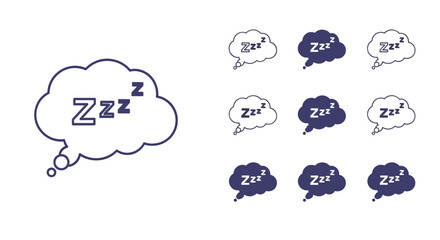 Obraz premium Collection of thought bubbles featuring zzz sleeping text in various styles and blue colors used for representing rest, dreaming, and fatigue.