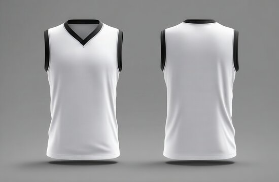 Front and back view of a blank white basketball jersey mockup with black trim