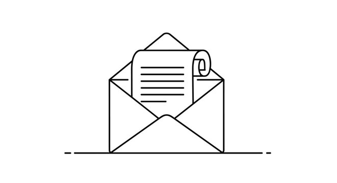 Minimalist line art icon of an open envelope with a document inside representing mail communication, email inbox, or official correspondence.