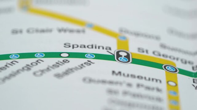 Close up of TTC Line 2 Toronto subway map showing station stops.