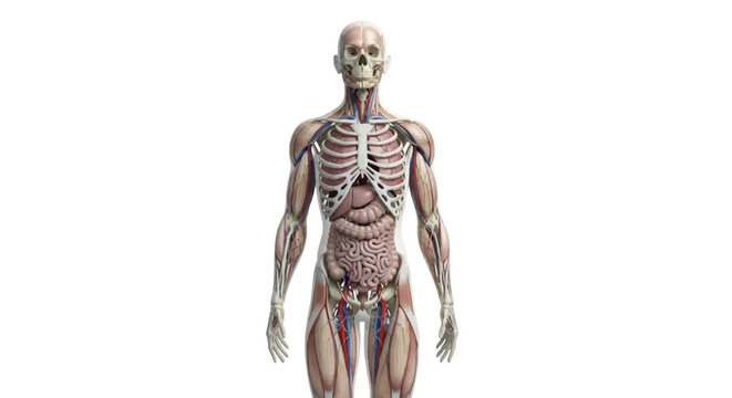 Detailed anatomical illustration of the human body, showcasing the skeletal structure, musculature, and internal organs with remarkable clarity and scientific accuracy