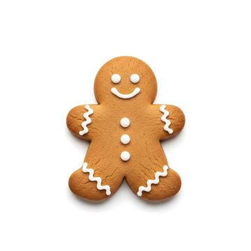 Gingerbread man cookie with white icing smile and wavy trim on white background (409
