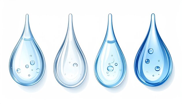 Four glossy, blue-toned water droplets with internal bubbles against a white backdrop