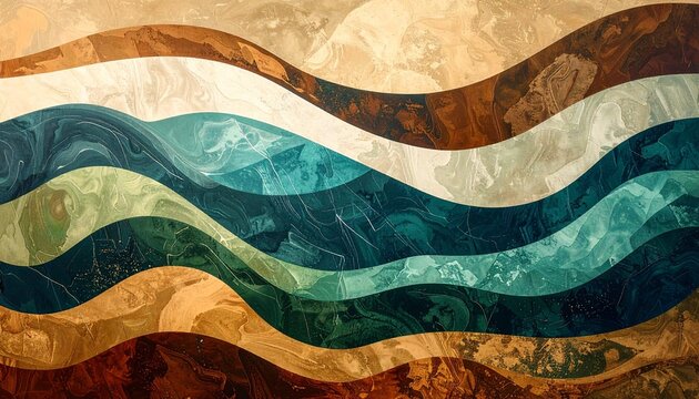 Abstract painting inspired by nature, resembling ocean waves, wind, and flowing landscapes. Organic curves, earthy tones mixed with blues and greens, fluid motion, calming yet powerful composition.