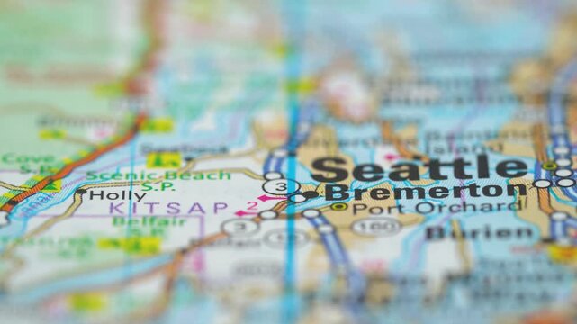 Close up of map showing Seattle and surrounding locations.