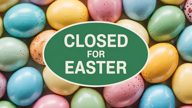 Green oval sign with text closed for easter placed over background of colorful speckled eggs in pastel tones for retail store holiday break announcement and business closure notice
