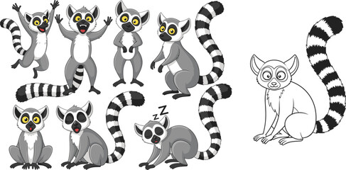 Cute Lemur Cartoon Character Set with Different Poses and Expressions, Funny Ring Tailed Animal Collection for Kids Illustration, Mascot Design and Vector Artwork © EdGe Creative