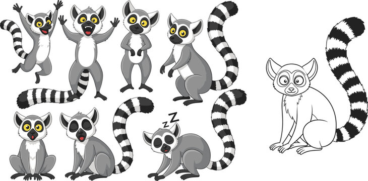 Cute Lemur Cartoon Character Set with Different Poses and Expressions, Funny Ring Tailed Animal Collection for Kids Illustration, Mascot Design and Vector Artwork