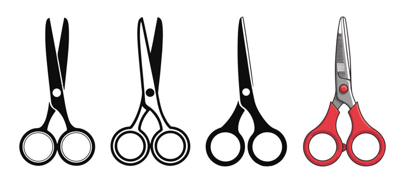 Hairdressing and tailoring scissor icons collection in black and white styles plus red handle detail art.
