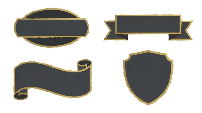Premium vintage charcoal and gold label set, rustic torn paper shield ribbon and scroll banners with deckle edges

