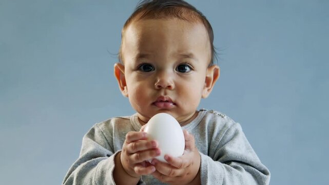 A curious baby holds a white egg against a blue background, looking directly at the camera with a neutral expression.