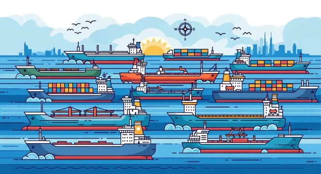 Vibrant Container Ships Illustration - A Fleet on the Open Sea.