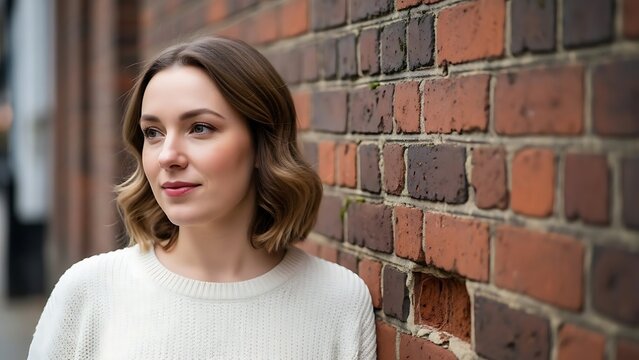 Young woman standing by brick wall.