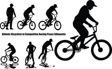 Obraz premium Group of athletic BMX cyclists in dynamic racing poses captured as striking black silhouettes on a white background