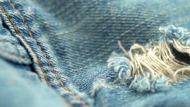 Close up of torn denim fabric texture with frayed threads.