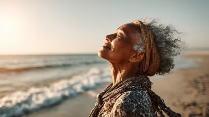 Obraz premium A serene senior woman enjoying a peaceful moment at the beach during sunset