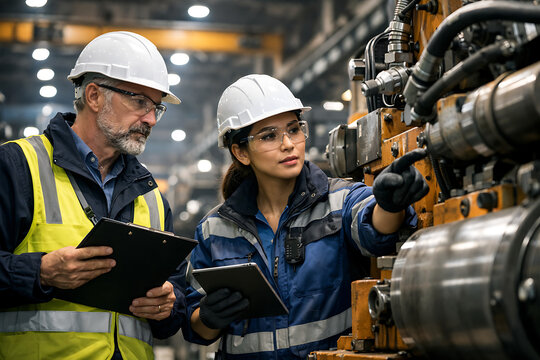 Professional quality control inspectors examining heavy machinery in industrial plant using digital tablet and clipboard notes