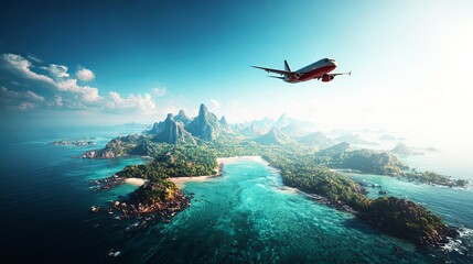 Naklejka premium An airplane flies over a stunning tropical island with crystal clear waters and lush green mountains.