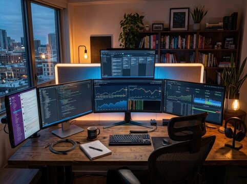 Immersive trading and coding command center with five glowing screens, financial charts, live data streams, ergonomic chair and panoramic city view at dusk

