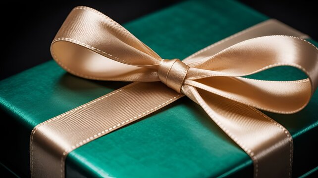 Close-up of emerald green gift box with gold ribbon and bow with thank you