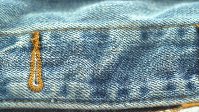 Close up of denim waistband seam and buttonhole detail.