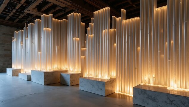 Architectural installation with illuminated vertical elements creating a captivating visual experience.