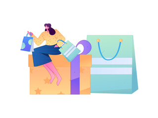Fototapeta premium Holiday shopping people doing e-commerce online shopping flat vector concept operation hand drawn illustration 