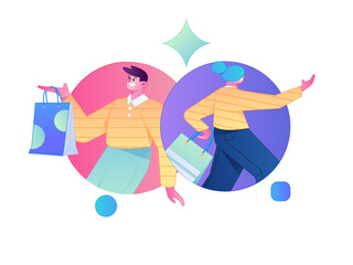 Fototapeta premium Holiday shopping people doing e-commerce online shopping flat vector concept operation hand drawn illustration 