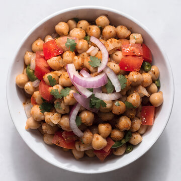 Top View of Spicy Pakistani Chana Chaat Chickpea Salad with Fresh Tomatoes and Onions in a White Bowl on Minimalist Background