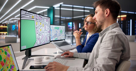 Fototapeta premium Woman Analyzes Property Map On Laptop For Real Estate Valuation