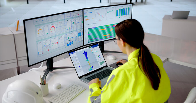 Female Engineer Performing 3D Stress Analysis And Precision Metrology