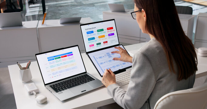 Focused Female Manager Analyzing Business Workflow Diagram On Laptop