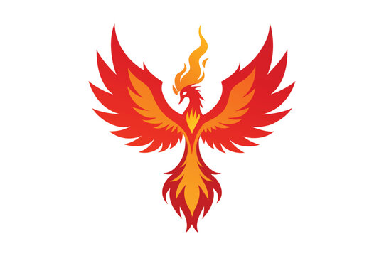 Majestic fire phoenix mascot logo, flying flaming bird vector illustration isolated on white background
