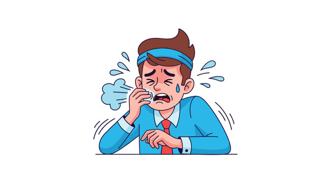 Stressed businessman in a blue suit and red tie sweating and wiping his forehead during a difficult work situation at his office desk.