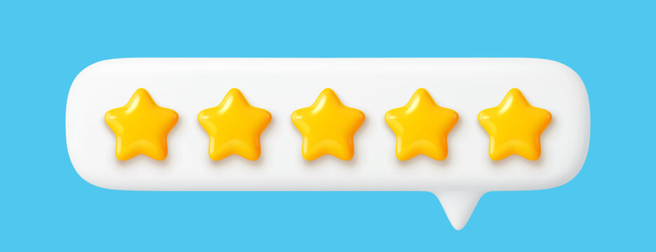 3d five star rate customer review feedback icon. Vector five gold stars in realistic speech bubble for customer satisfaction evaluation, quality rating, good service review rank and best product rate