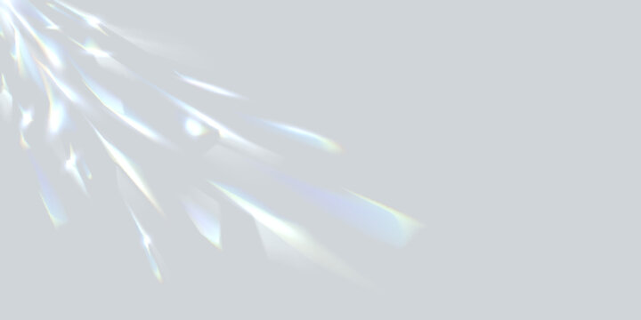 Party disco ball reflections, prism light shadow overlay background. Vector abstract soft grey background with light effect reflecting off a discoball rays. Rainbow sparkling crystal leak overlay