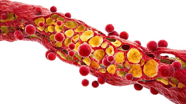 Detailed 3D medical illustration of a blood vessel narrowed by cholesterol plaque, showing red blood cells and fatty deposits, isolated on white.