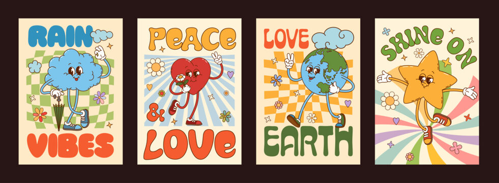 Cartoon retro groovy character posters, cute hippie peace, love and good vibe vector personages. Happy y2k Earth planet, heart, sun and cloud character posters on groovy psychedelic pattern background