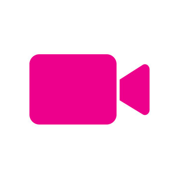 A vibrant pink icon of a video camera is presented on a white canvas, representing modern digital media and creative production.