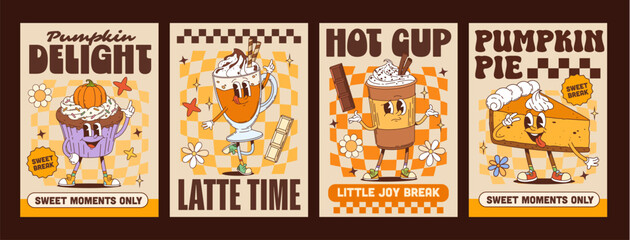 Obraz premium Sweets, bakery and dessert characters y2k groovy hippie posters. Funky cupcake with pumpkin, latte glass with whipped cream, paper coffee cup, and pumpkin pie slice. Retro vector posters for cafe