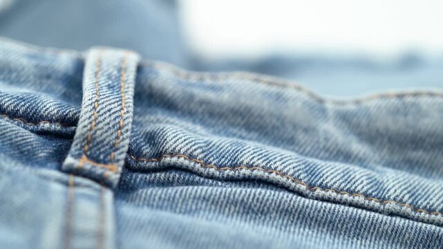 Close up of denim belt loop and stitching detail on jeans.