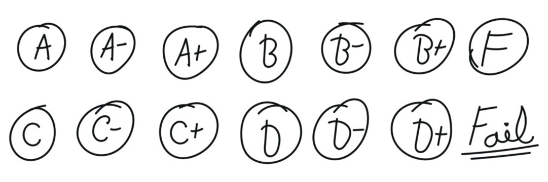 Hand drawn academic letter grades from A to F including plus minus marks and fail