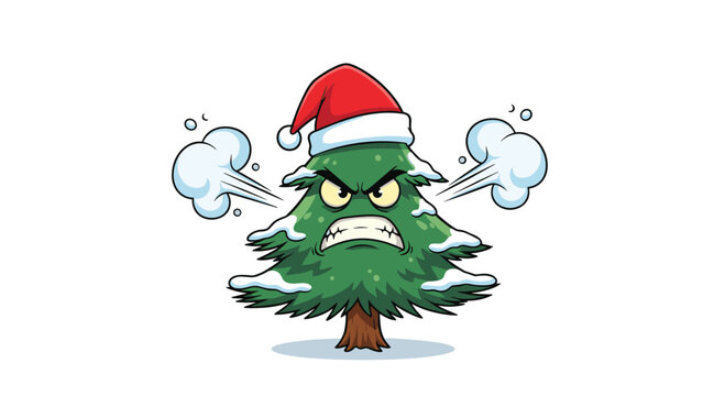 Grumpy christmas tree character wearing a red santa hat and blowing steam from its sides in anger on a white background.