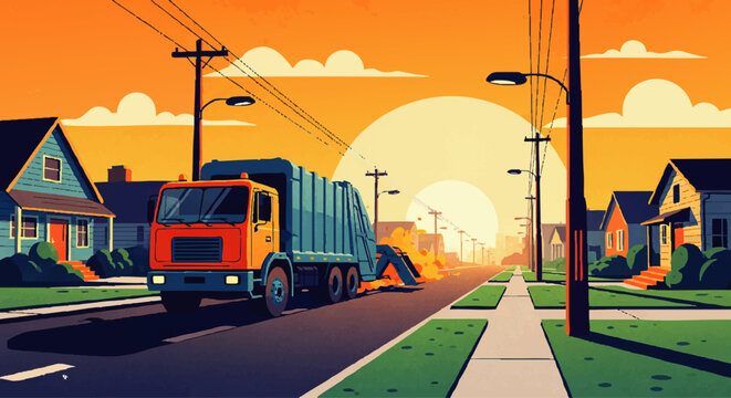 A colorful illustration shows a waste collection truck on a peaceful residential street at sunset, highlighting the daily rhythm and essential services within a suburban community