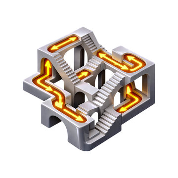 3d isometric logic puzzle, architectural impossible staircase path