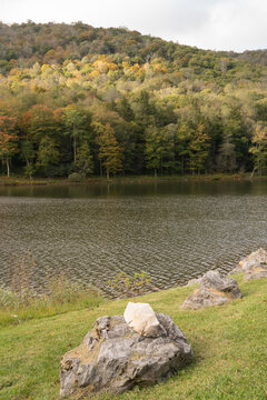 standing on the banks of a manmade lake at the edge of a forest where the tree tops are turning fall colors. in front of me are large stones on a steep grassy bank, what a wonderful place to go fishin
