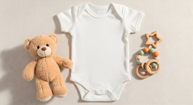 Baby onesie, teddy bear, and teether toys on white background, newborn clothing set